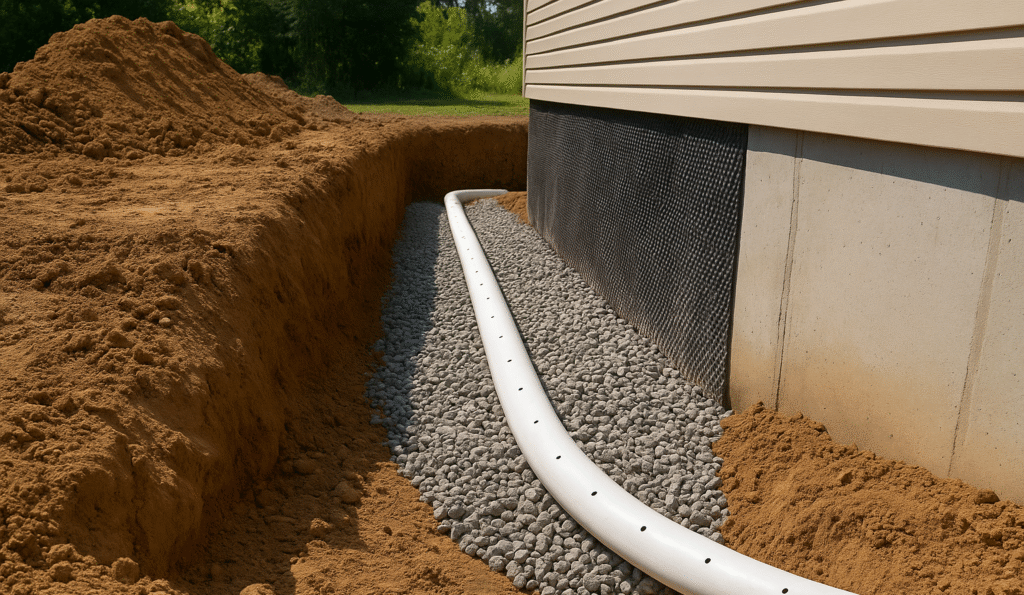 Installation de drain francais Rive-Sud autour d'une fondation résidentielle