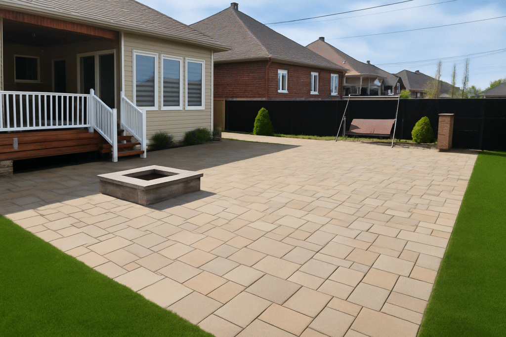 Cour arrière, installation de pavé uni avec foyer central et gazon naturel sur la Rive-Sud de Montréal